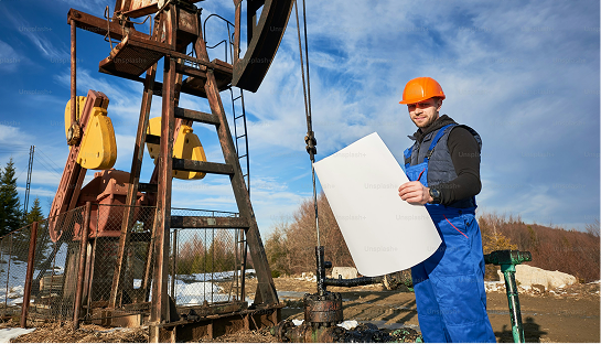 A worker in front of an oil pumpjack.